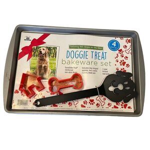 Doggie Treat Baking Pan Dog Bone and House Cookie Cutters Spatula DuraGlide Plus